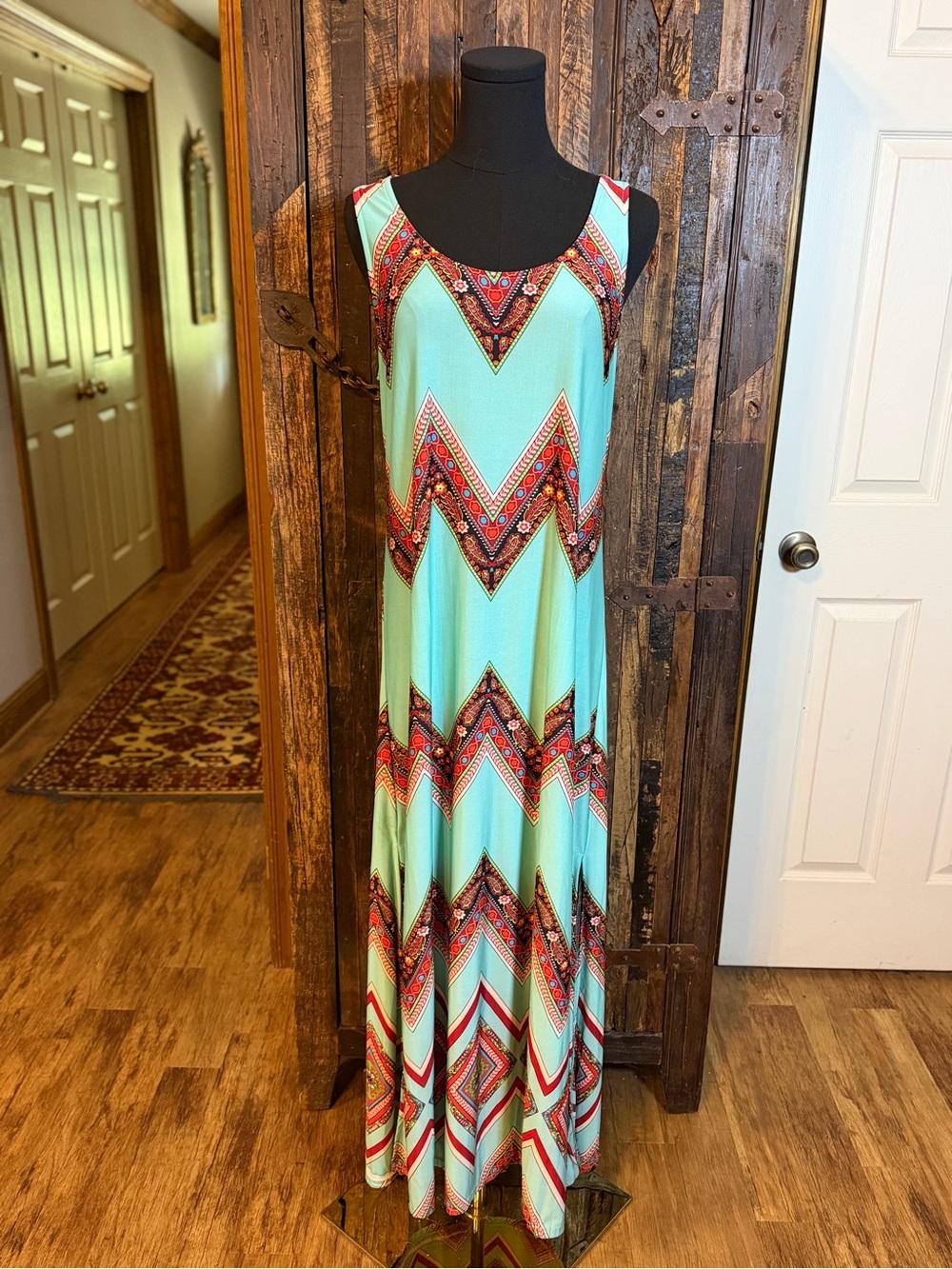 Reborn Maxi Dress M NWT Boho Southwestern Geometric Paisley Aqua Stretch